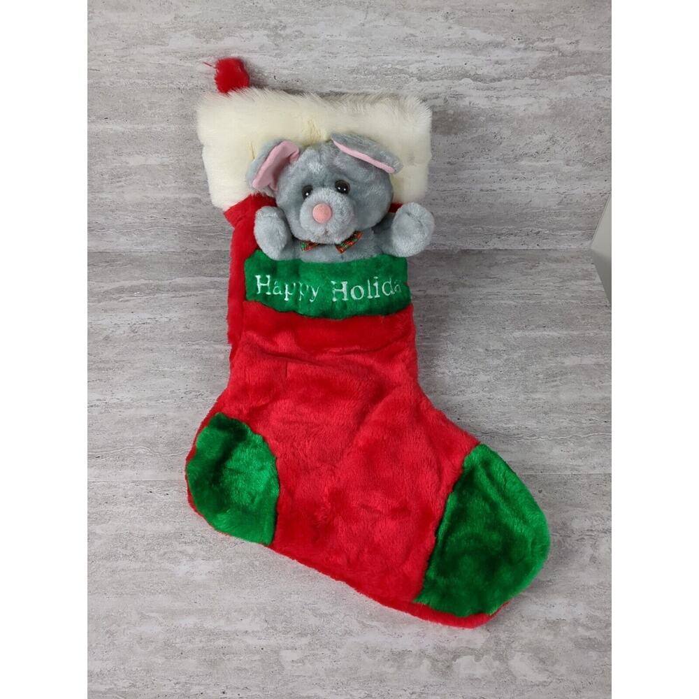 Vintage Mouse Plush Happy Holidays Embroidered Stocking Red &‎ Green